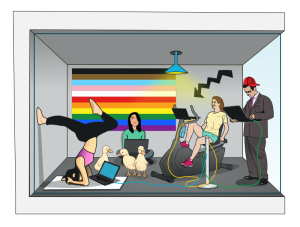 Image of office with rainbow flag, one person working in a yoga shoulder stand, someone on an exercise cycle, a beanbag etc