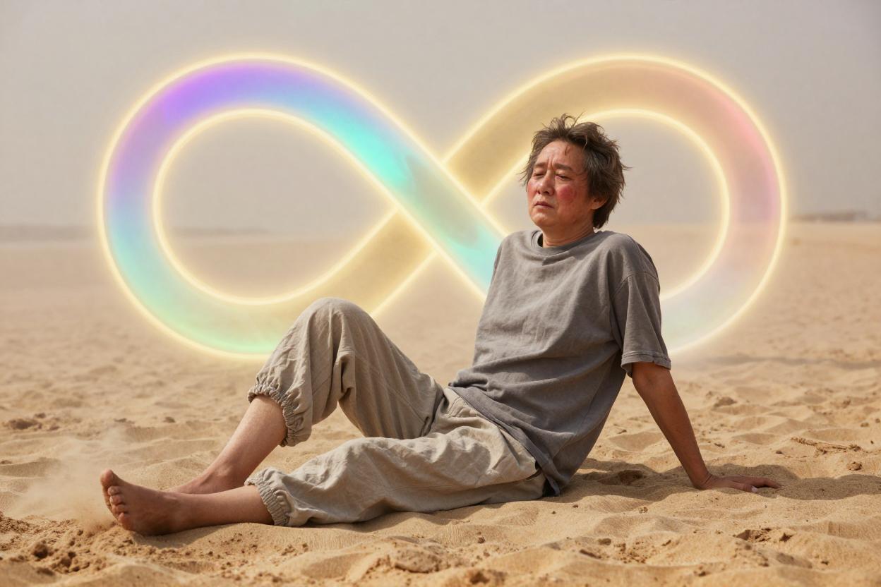 Image of androgynous overheated person in front of rainbow infinity symbol